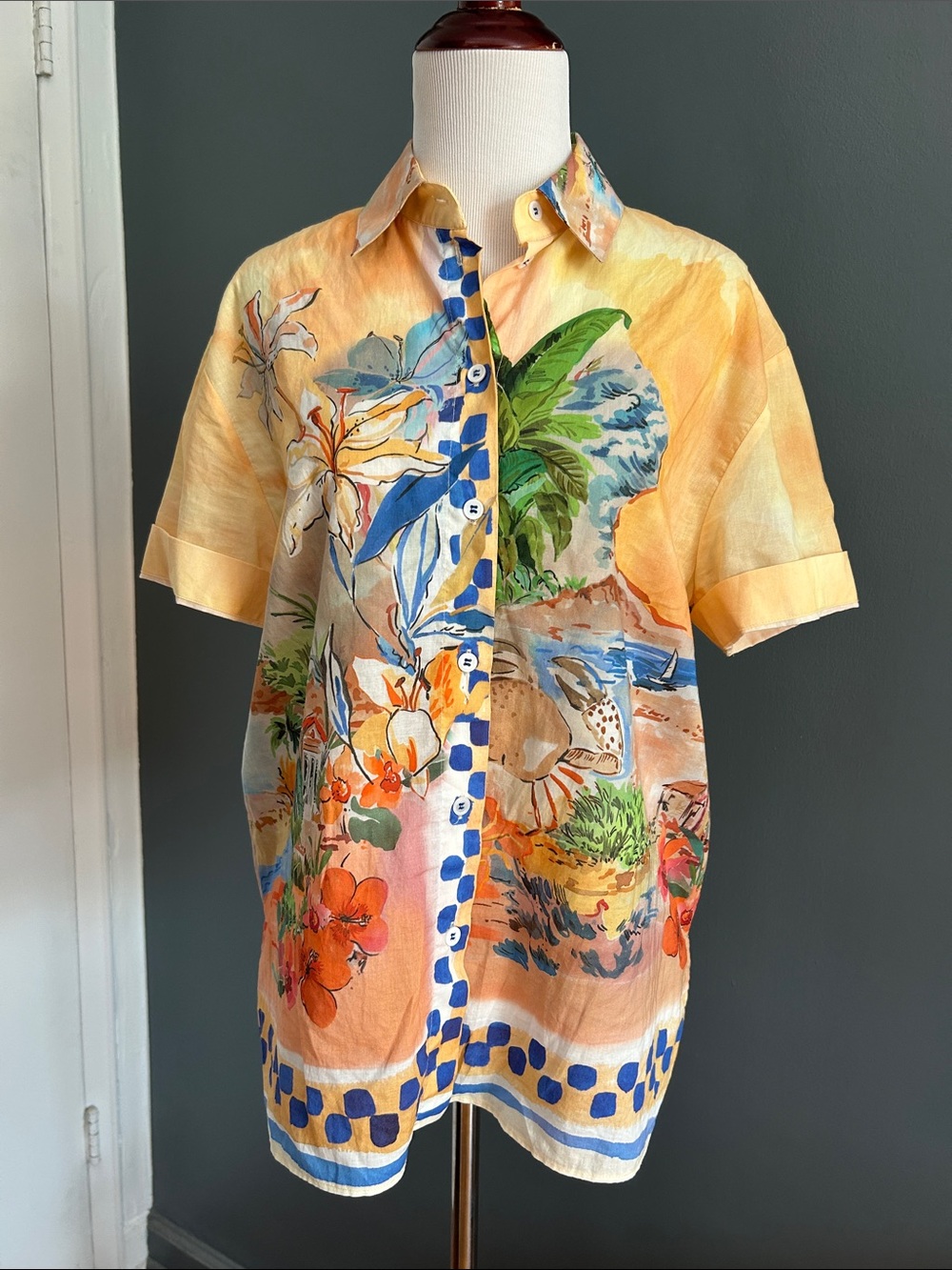 Zara Cotton Tropical Print Button-Down Shirt